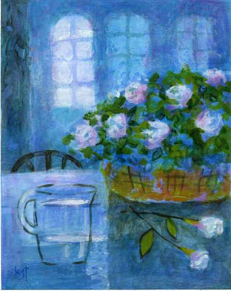 "Blue Interior with Flowers", 7 x 9", acrylic on WC paper, Karen Gillis Taylor